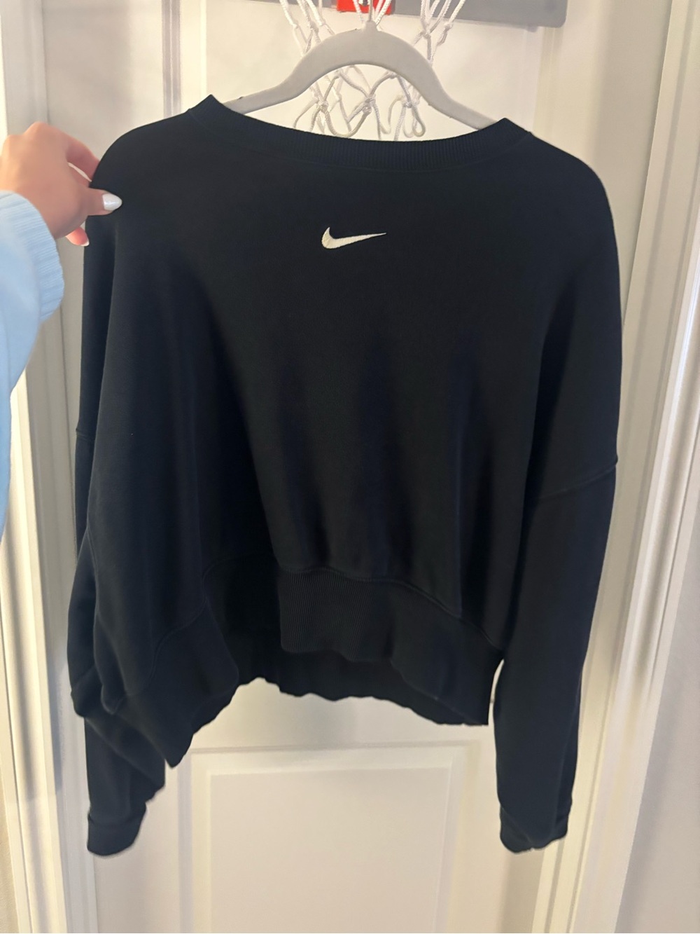 Nike Black Cropped Crew Sweatshirt with White Swoosh
